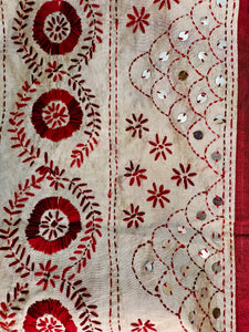 Handcrafted Charm: Cream Tussar Silk Dupatta with Maroon Kantha Work & Sequins