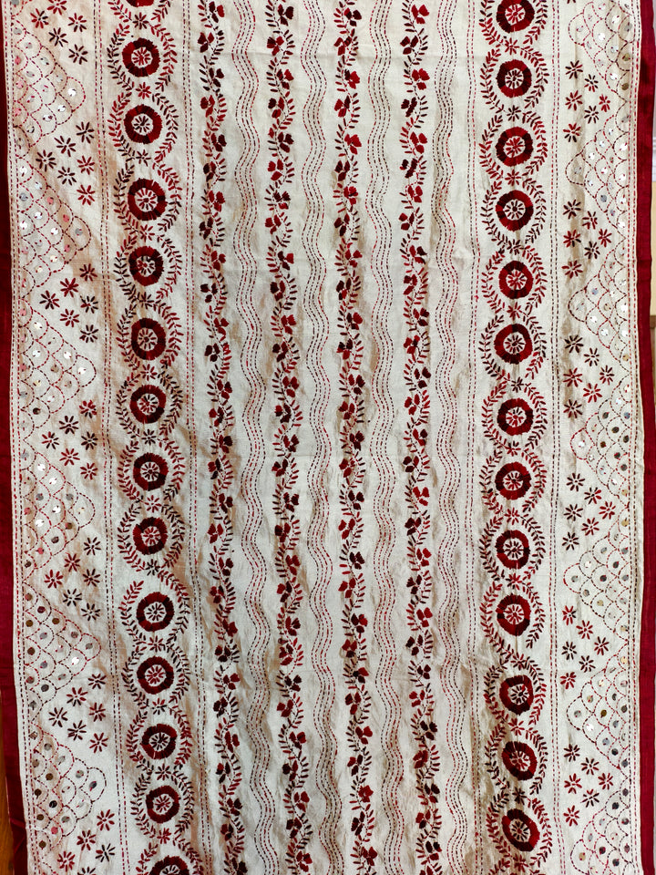 Handcrafted Charm: Cream Tussar Silk Dupatta with Maroon Kantha Work & Sequins