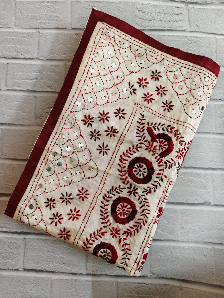 Handcrafted Charm: Cream Tussar Silk Dupatta with Maroon Kantha Work & Sequins