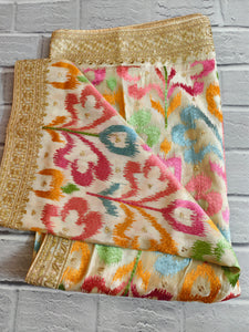 Cream Chinon Silk Dupatta with Multicolor Ikat-Style Embroidery & Zari Border
