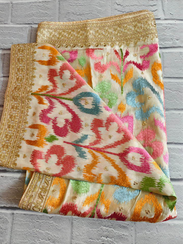 Cream Chinon Silk Dupatta with Multicolor Ikat-Style Embroidery & Zari Border