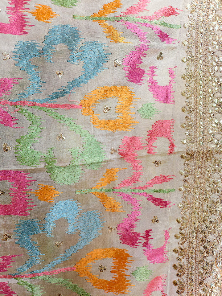 Cream Chinon Silk Dupatta with Multicolor Ikat-Style Embroidery & Zari Border
