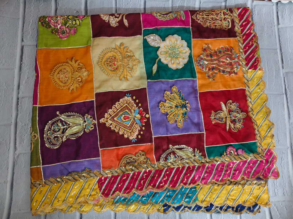 Multicolor Chinon Silk Patchwork Dupatta with Heavy Sequin & Zari Embroidery