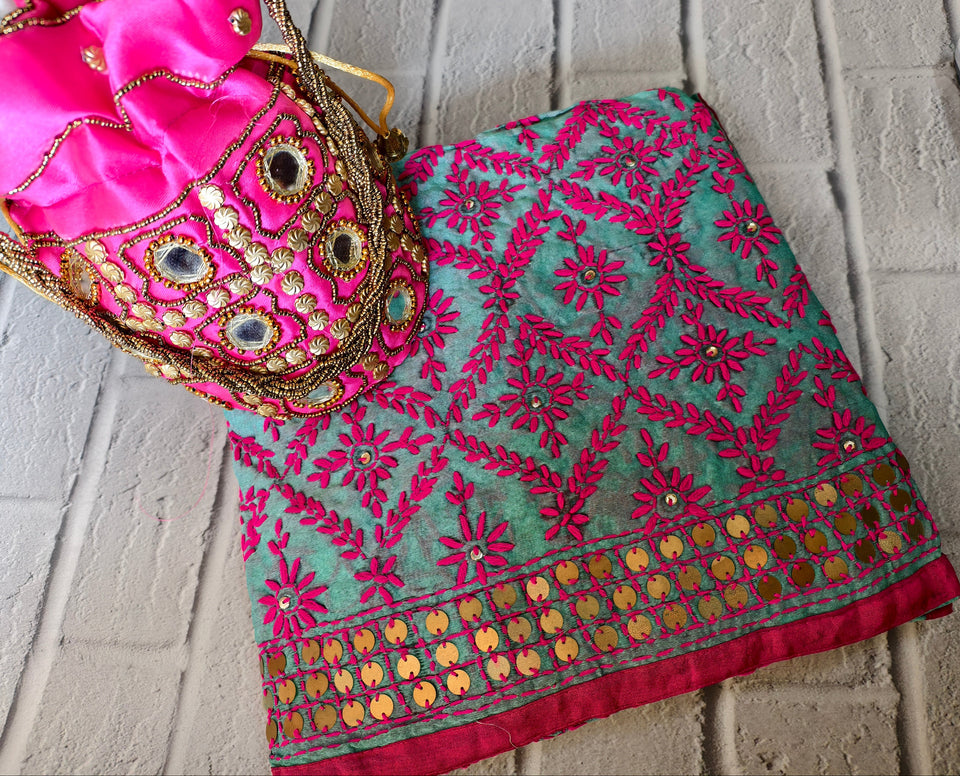 The Festive Fusion Combo: Aqua Mint Dupatta with Magenta Pink Threadwork, Gold Sequin Border & Matching Potli Bag