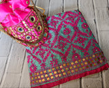 The Festive Fusion Combo: Aqua Mint Dupatta with Magenta Pink Threadwork, Gold Sequin Border & Matching Potli Bag