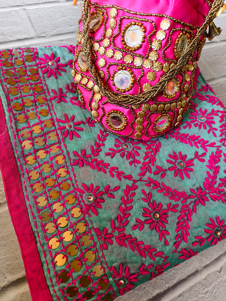 The Festive Fusion Combo: Aqua Mint Dupatta with Magenta Pink Threadwork, Gold Sequin Border & Matching Potli Bag