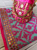 The Festive Fusion Combo: Aqua Mint Dupatta with Magenta Pink Threadwork, Gold Sequin Border & Matching Potli Bag