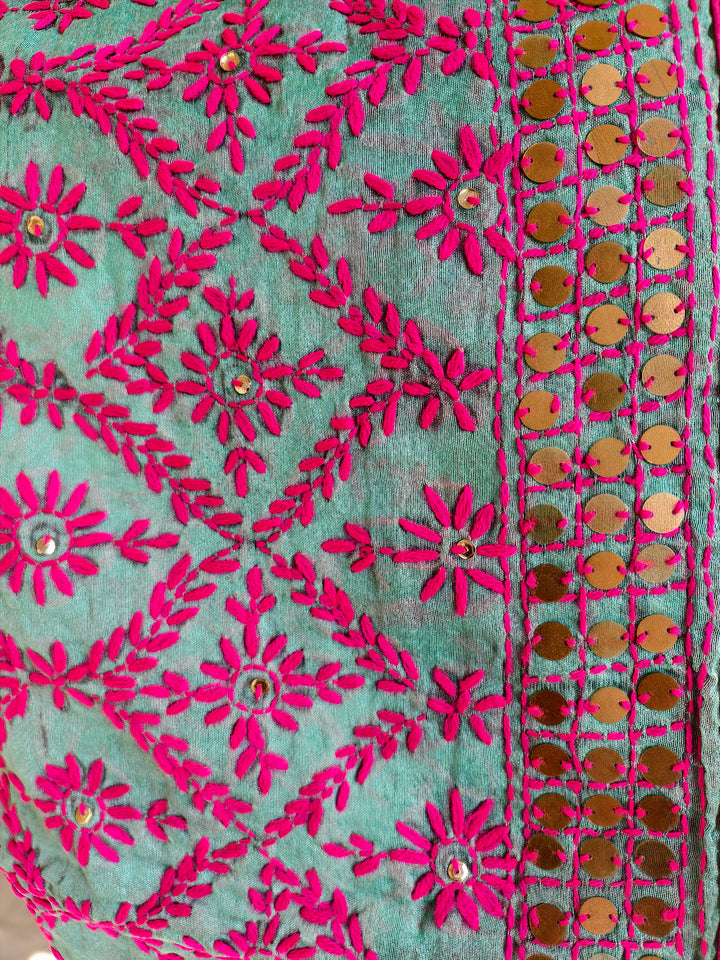 The Festive Fusion Combo: Aqua Mint Dupatta with Magenta Pink Threadwork, Gold Sequin Border & Matching Potli Bag