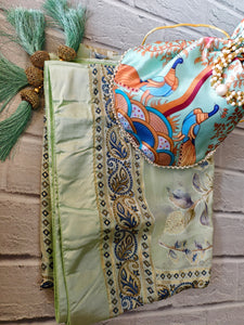 The Mint Melody Combo: Brasso Floral Dupatta with Gold Jacquard Border & Printed Peacock Potli