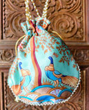 The Mint Melody Combo: Brasso Floral Dupatta with Gold Jacquard Border & Printed Peacock Potli