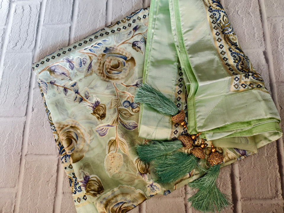 The Mint Melody Combo: Brasso Floral Dupatta with Gold Jacquard Border & Printed Peacock Potli