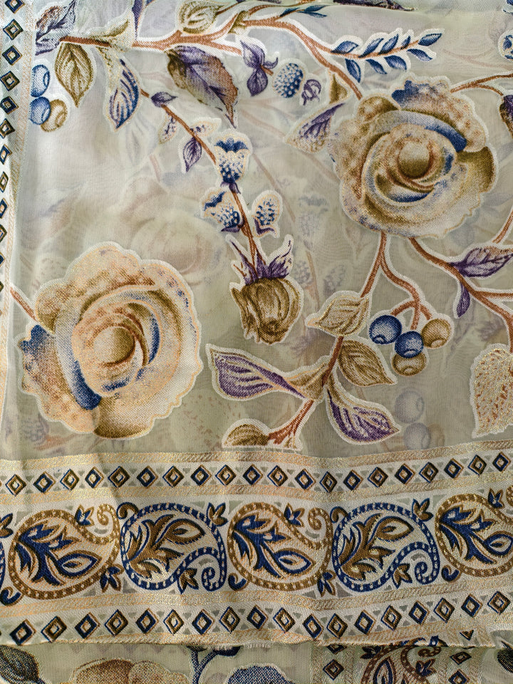 The Mint Melody Combo: Brasso Floral Dupatta with Gold Jacquard Border & Printed Peacock Potli