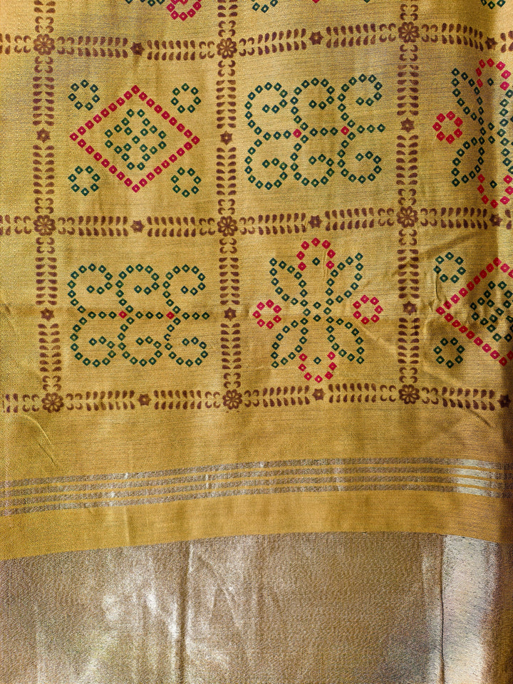 Traditional Mehndi Green Bandhani Dupatta with Golden Zari Border