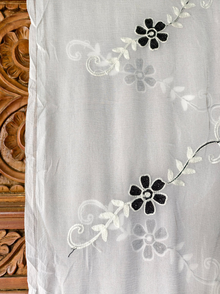Black & White Floral Embroidered Georgette Dupatta with Tassel Border