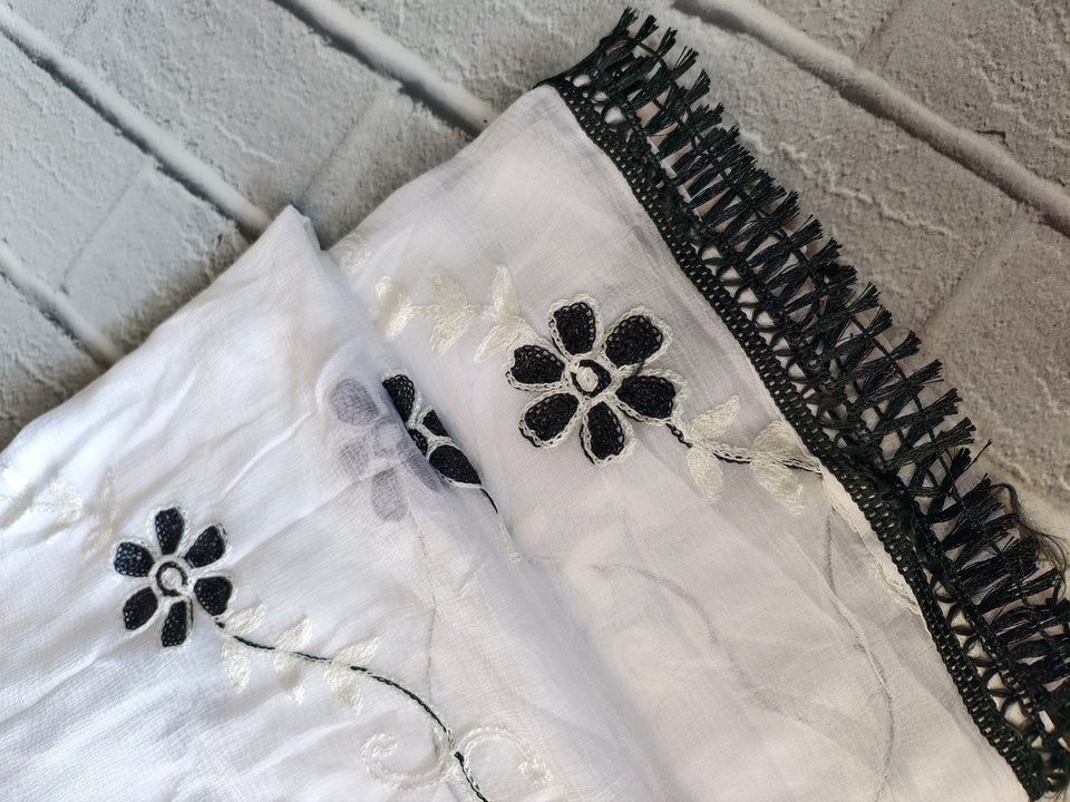 Black & White Floral Embroidered Georgette Dupatta with Tassel Border