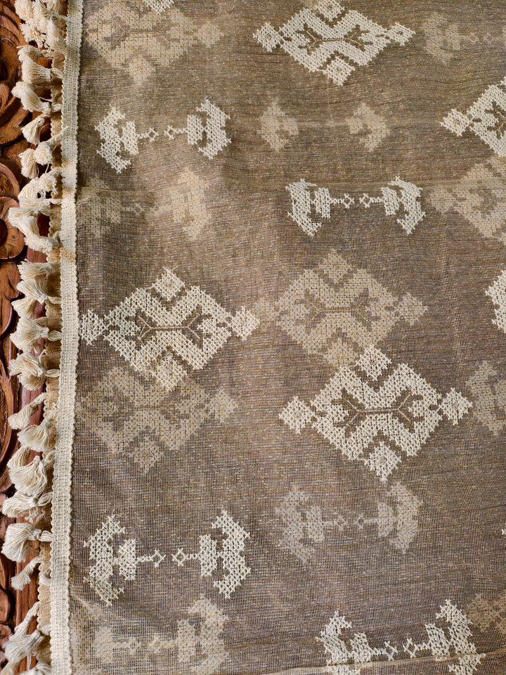 Soft Beige Geometric Pattern Dupatta with Cotton Thread Work