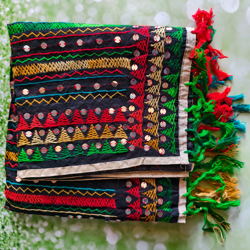 Traditional Multicolor Phulkari-Style Dupatta with Mirror Embellishments