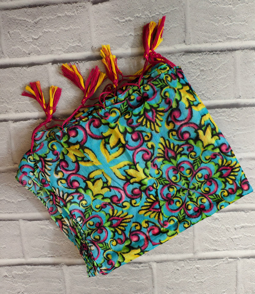 Turquoise Boho Pattern Scarf with Handmade Tassels