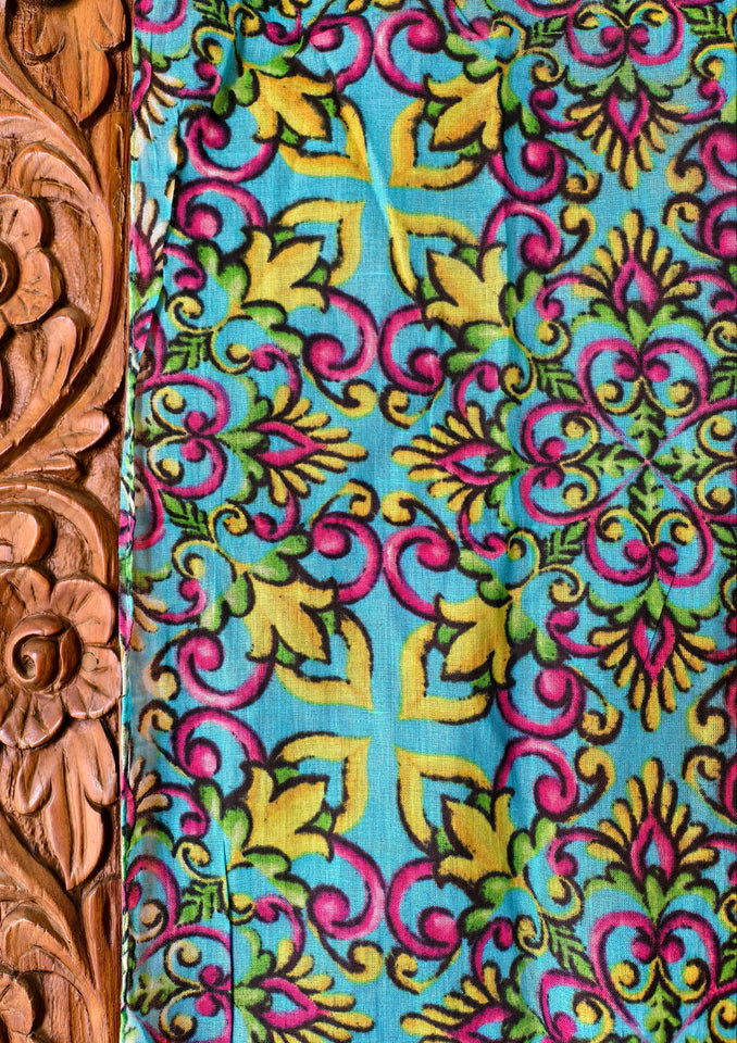 Turquoise Boho Pattern Scarf with Handmade Tassels