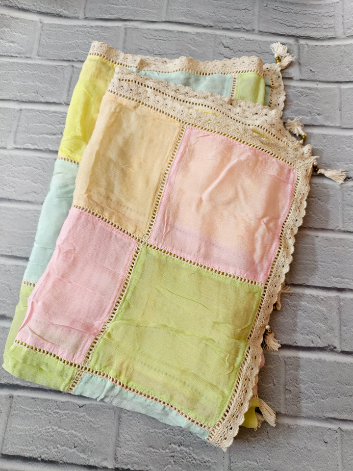 Soft Pastel Patch Dupatta with Lace Detailing – Cassata Collection