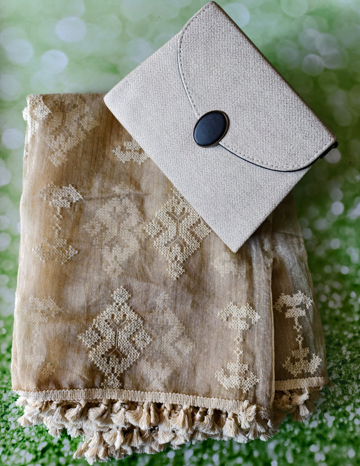 Handcrafted Beige Embroidered Dupatta with Coordinated Clutch Bag