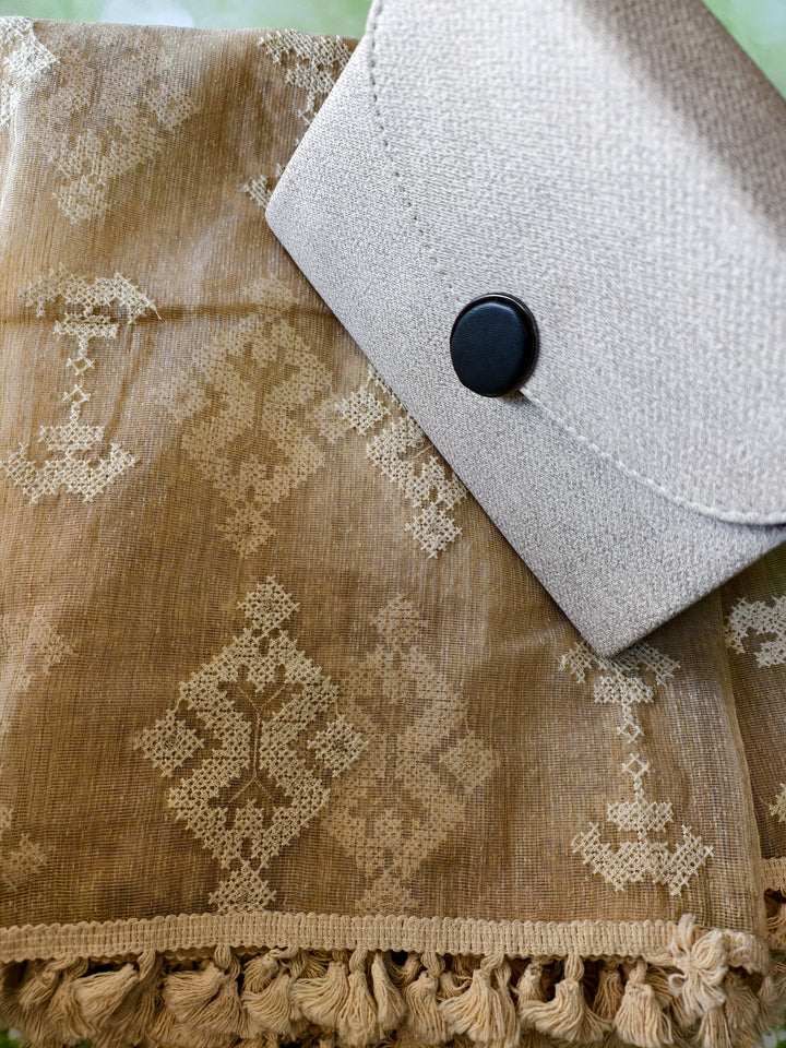 Handcrafted Beige Embroidered Dupatta with Coordinated Clutch Bag