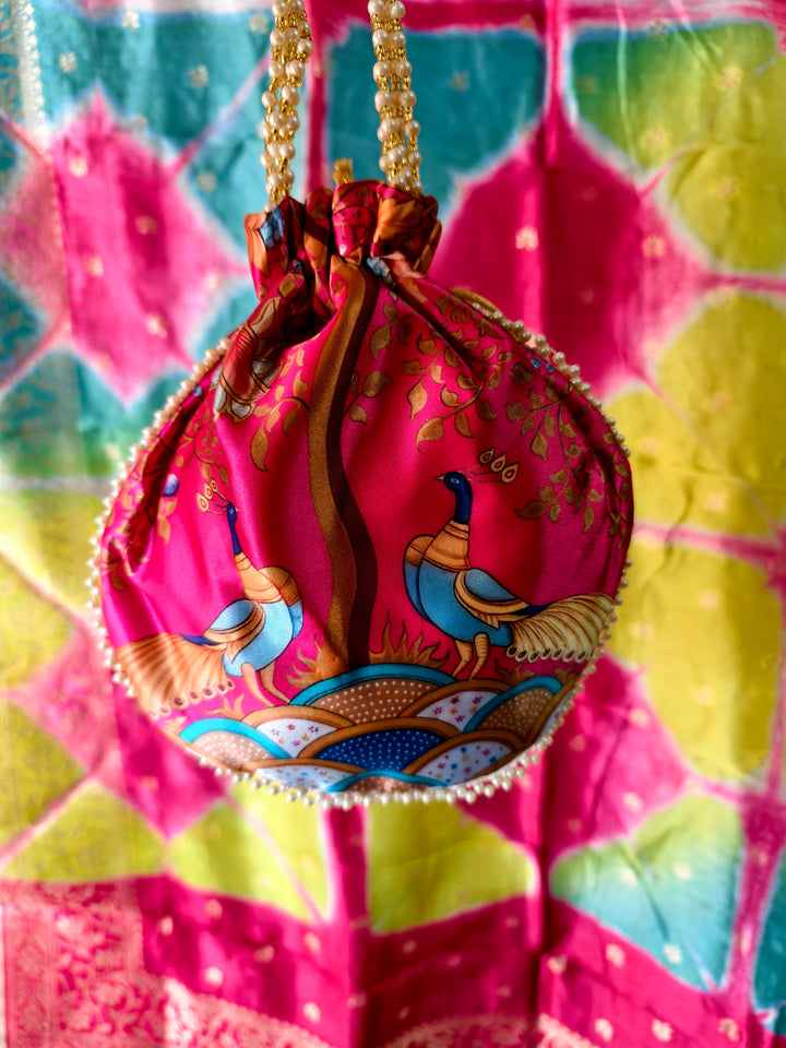 Luxury Mint Banarasi Woven Dupatta + Peacock Print Potli Bag (Combo)