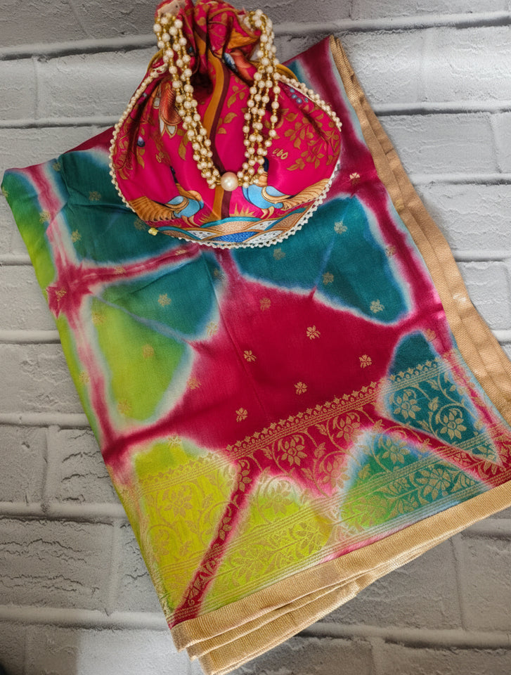 Luxury Mint Banarasi Woven Dupatta + Peacock Print Potli Bag (Combo)