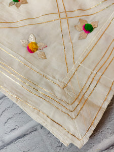 Festive Cream Dupatta with Golden Zari Lines & Handcrafted Pom-Pom Flowers