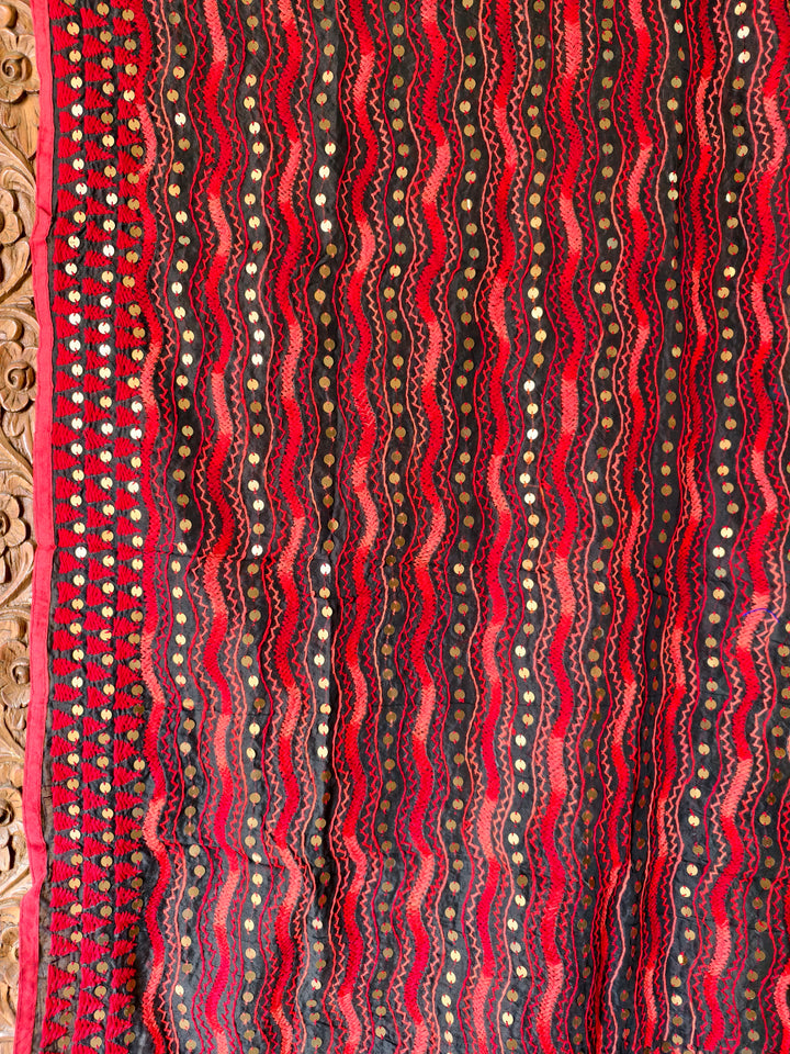 Premium Red & Black Dupatta with Intricate Thread work & Golden Sequins