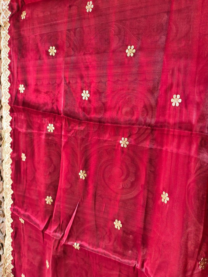 Maroon Semi-Organza Dupatta with Golden Sequin Embroidery & Lace Border
