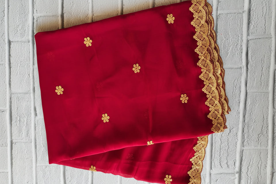 Maroon Semi-Organza Dupatta with Golden Sequin Embroidery & Lace Border