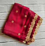 Maroon Semi-Organza Dupatta with Golden Sequin Embroidery & Lace Border