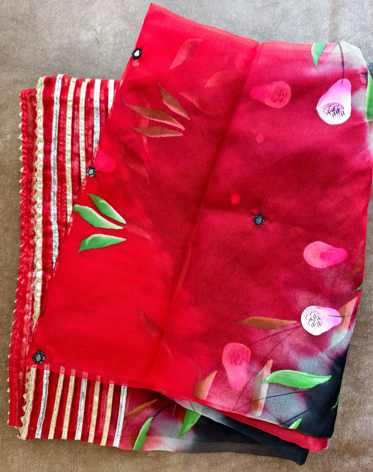 Red & Black Floral Organza Dupatta with Gota Patti Border