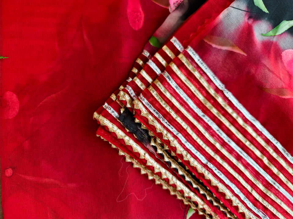 Red & Black Floral Organza Dupatta with Gota Patti Border