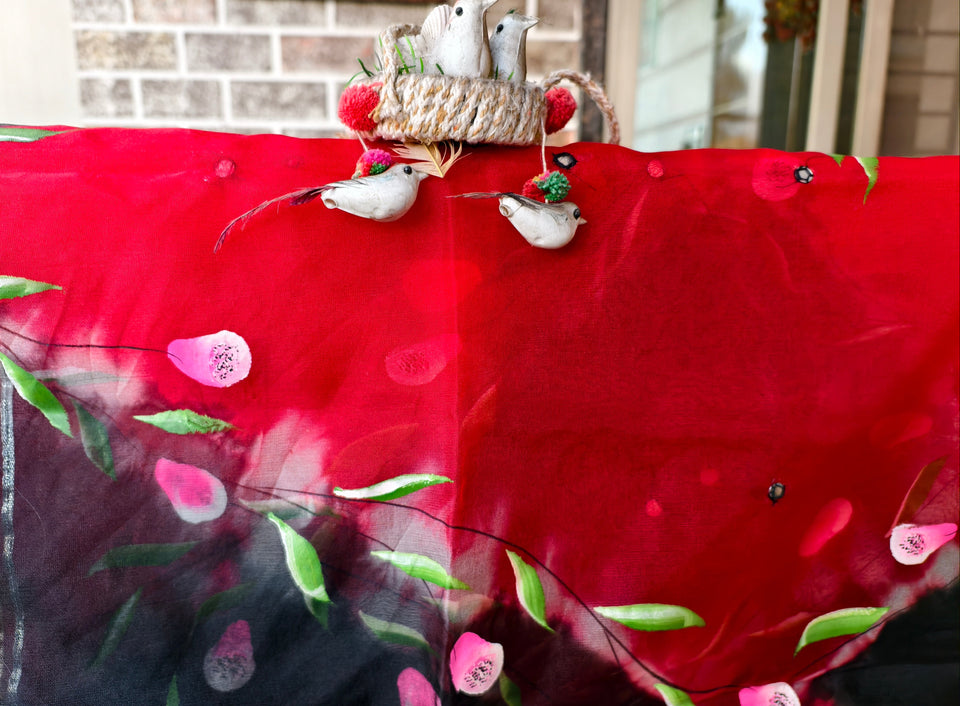 Red & Black Floral Organza Dupatta with Gota Patti Border