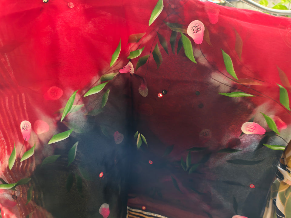 Red & Black Floral Organza Dupatta with Gota Patti Border