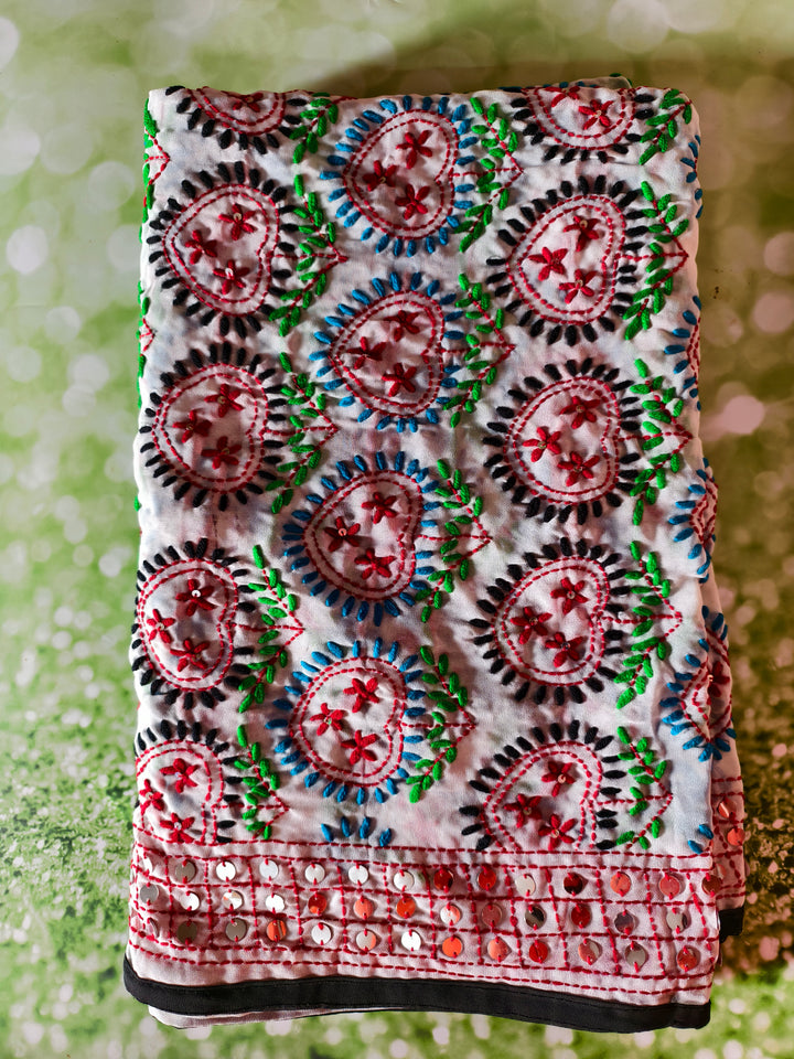 Ivory Phulkari-Inspired Embroidered Dupatta with Mirror Accents
