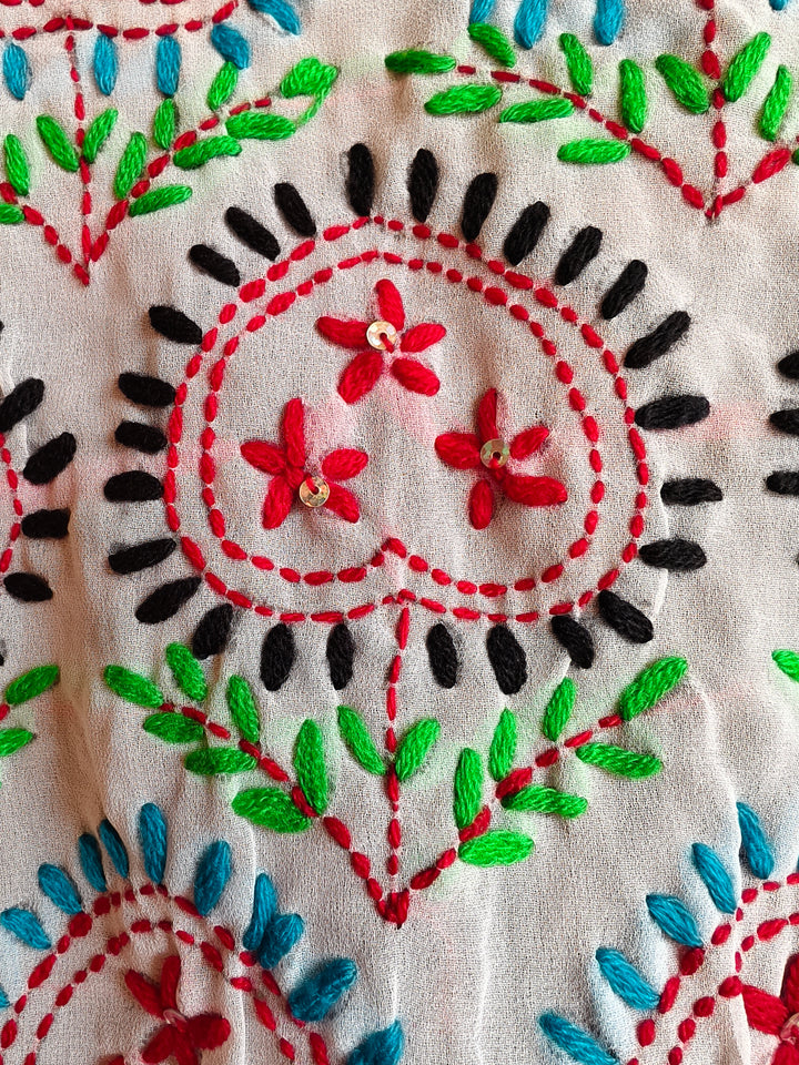 Ivory Phulkari-Inspired Embroidered Dupatta with Mirror Accents