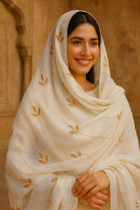 Off-White Kota Doria Dupatta with White Thread & Gold Zari Leaf Embroidery