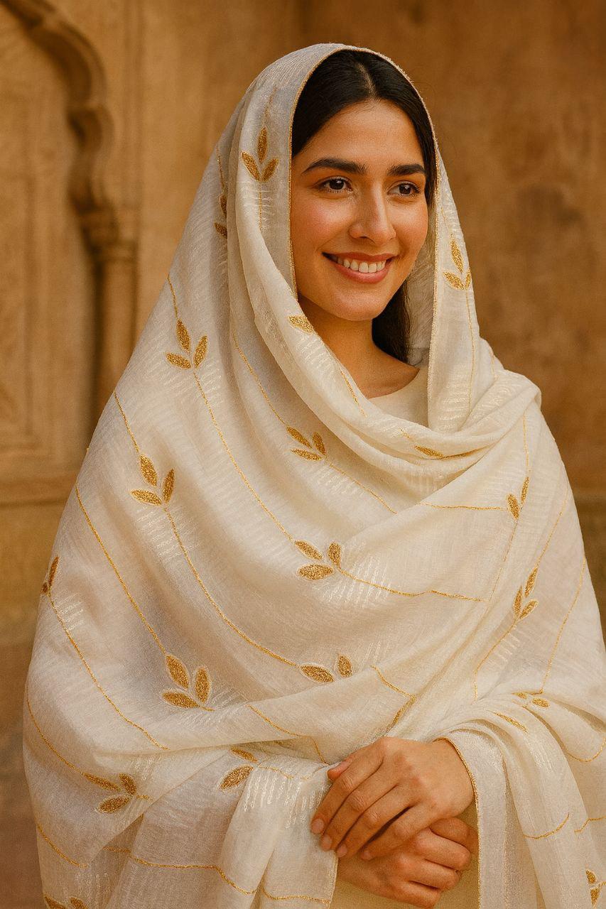 Off-White Kota Doria Dupatta with White Thread & Gold Zari Leaf Embroidery